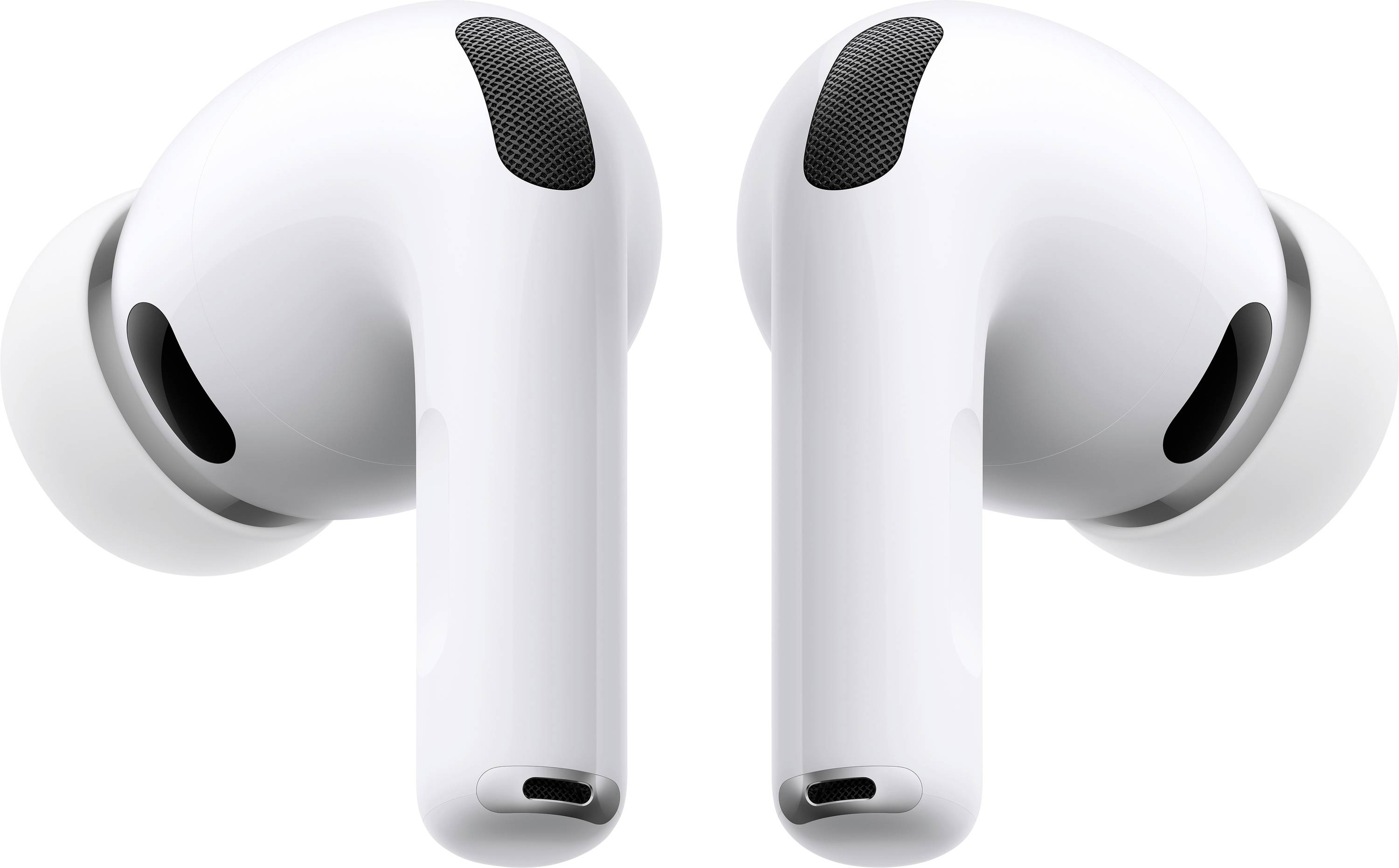 Two white wireless earbuds with a sleek design, featuring black speaker grilles and extended stems.