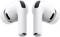 Two white wireless earbuds with a sleek design, featuring black speaker grilles and extended stems.