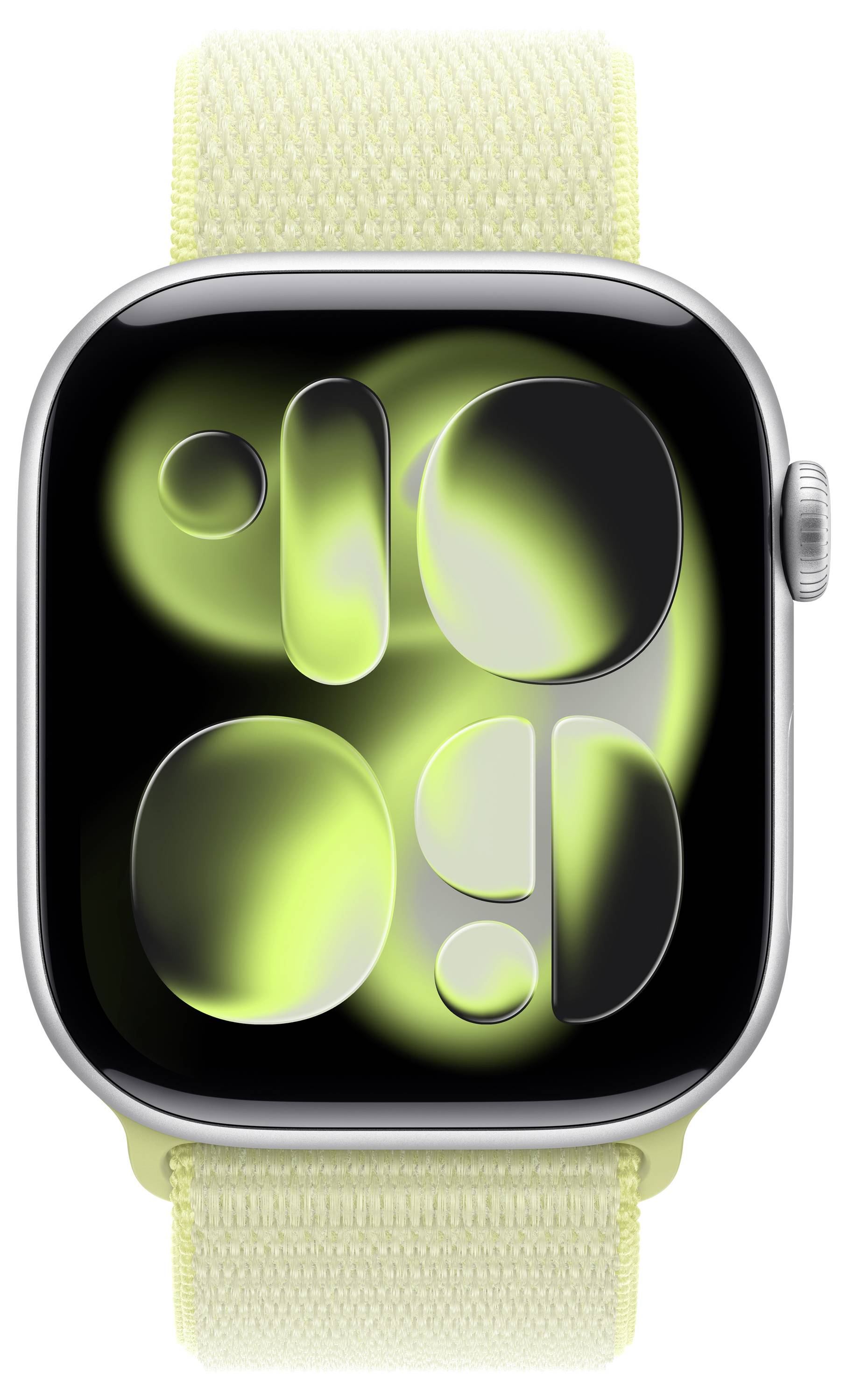 A smartwatch with a green and black abstract design on the screen, featuring a metallic case and a light yellow fabric band.