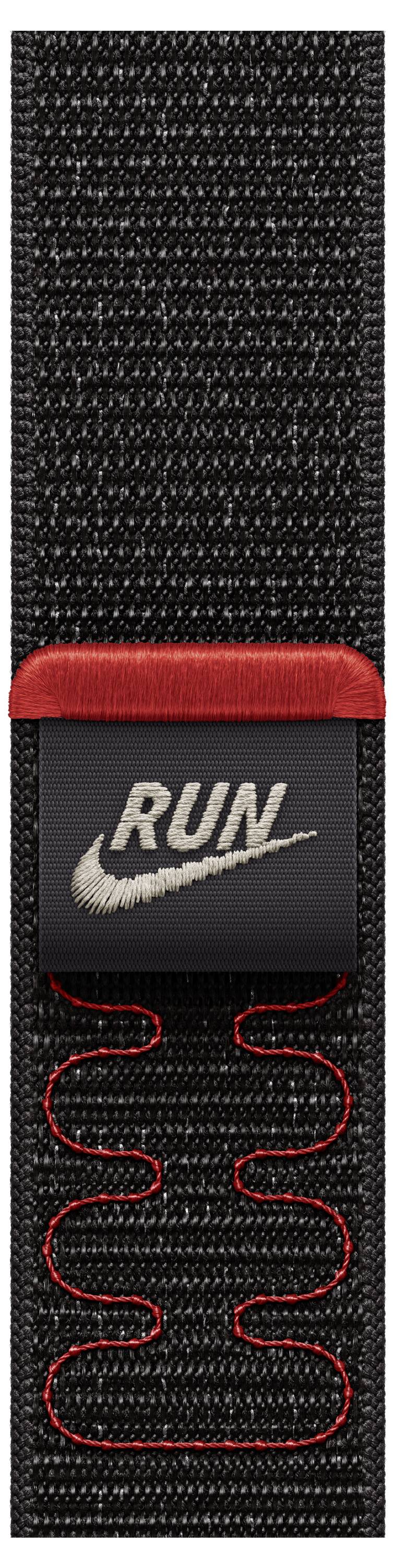 A black and red woven strap with a label saying 'RUN' featuring a swoosh logo. The strap has a loop design with visible stitching.