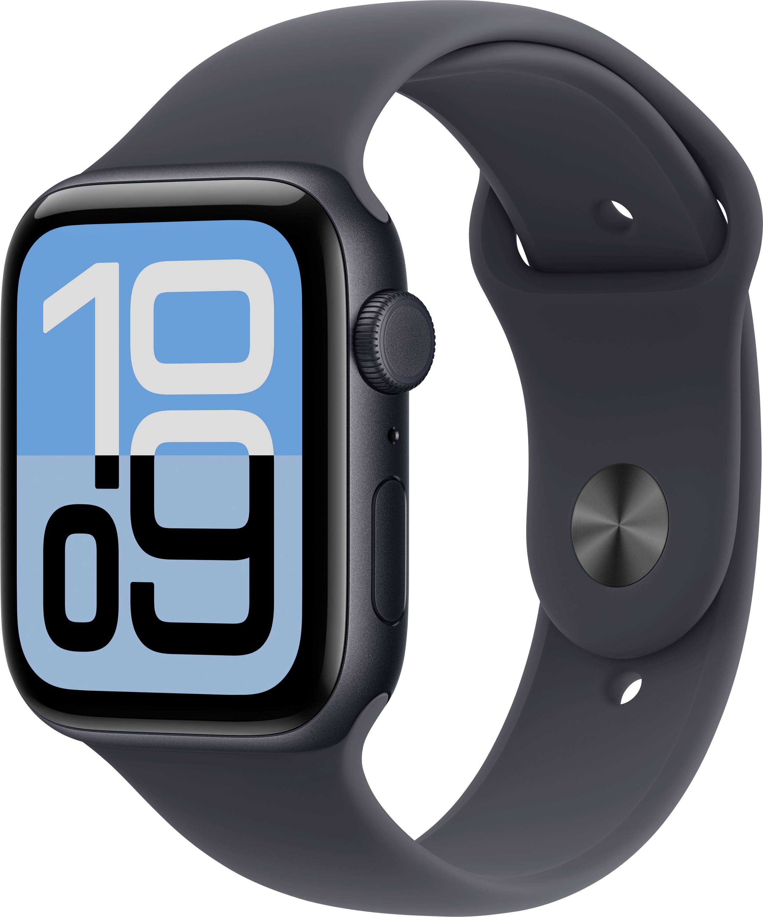 A smartwatch with a large digital display showing the time '10:09' in blue and black, featuring a dark strap and sleek design.