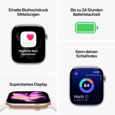 'Advertisement for Smartwatch: Features including blood pressure alerts, battery life up to 24 hrs, sleep index and robust display.'