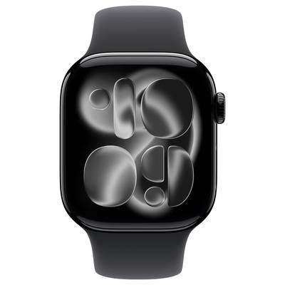 A black smartwatch with an abstract display featuring shiny, rounded shapes on the screen.