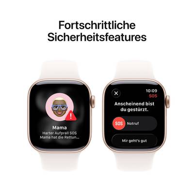 Two smartwatch displays: Left shows 'Mum' with SOS symbol, right shows crash detection with options 'Emergency Call' and 'I'm OK'.