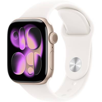 A smartwatch with a white band, displaying abstract pink and purple circular shapes on its screen. The watch has a sleek, modern design.