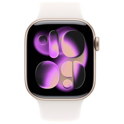 A smartwatch with a rose gold case displays a vibrant abstract design in pink and purple on a black screen.