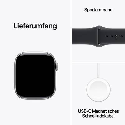 Included Items: Black Sports Strap, USB-C Magnetic Quick Charging Cable, Square Black Smartwatch.