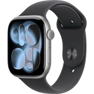 A sleek smartwatch with a black strap displays an abstract blue and black geometric pattern on its screen. The watch has a round dial.