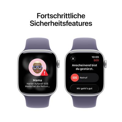 Two smartwatches with emergency alerts. Left: Contact 'Mum' informed. Right: Message 'It seems you've fallen' with SOS option.