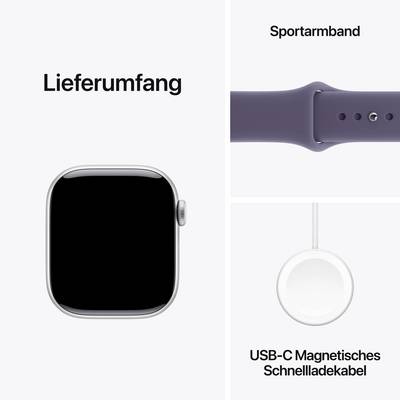 Smartwatch with black display and sports strap. Accessories: USB-C magnetic quick charging cable. Text: 'Contents of delivery'.