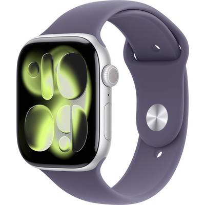 A smartwatch with a silver frame and a purple band displays a modern, abstract design in green on its screen.