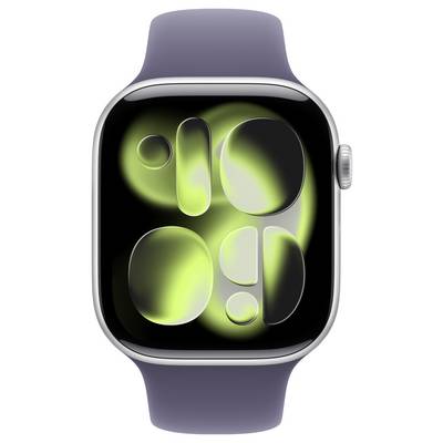 A smartwatch with a dark screen displaying abstract neon green shapes. The watch has a silver frame and a dark strap.