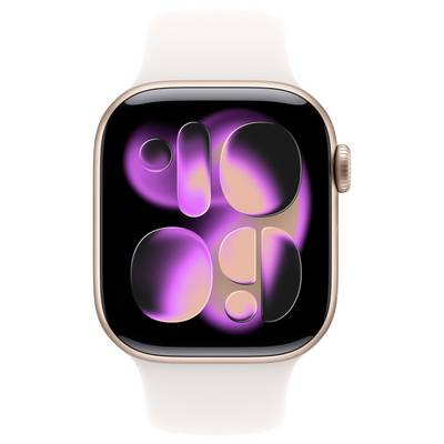 A smartwatch with a gold casing and white band displays an abstract pink and black design on its screen.