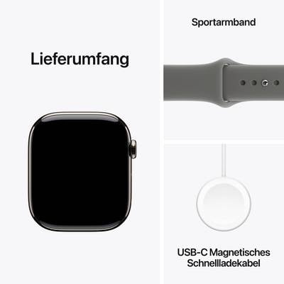 Included contents of a smartwatch with sports wristband and USB-C magnetic quick charging cable shown.