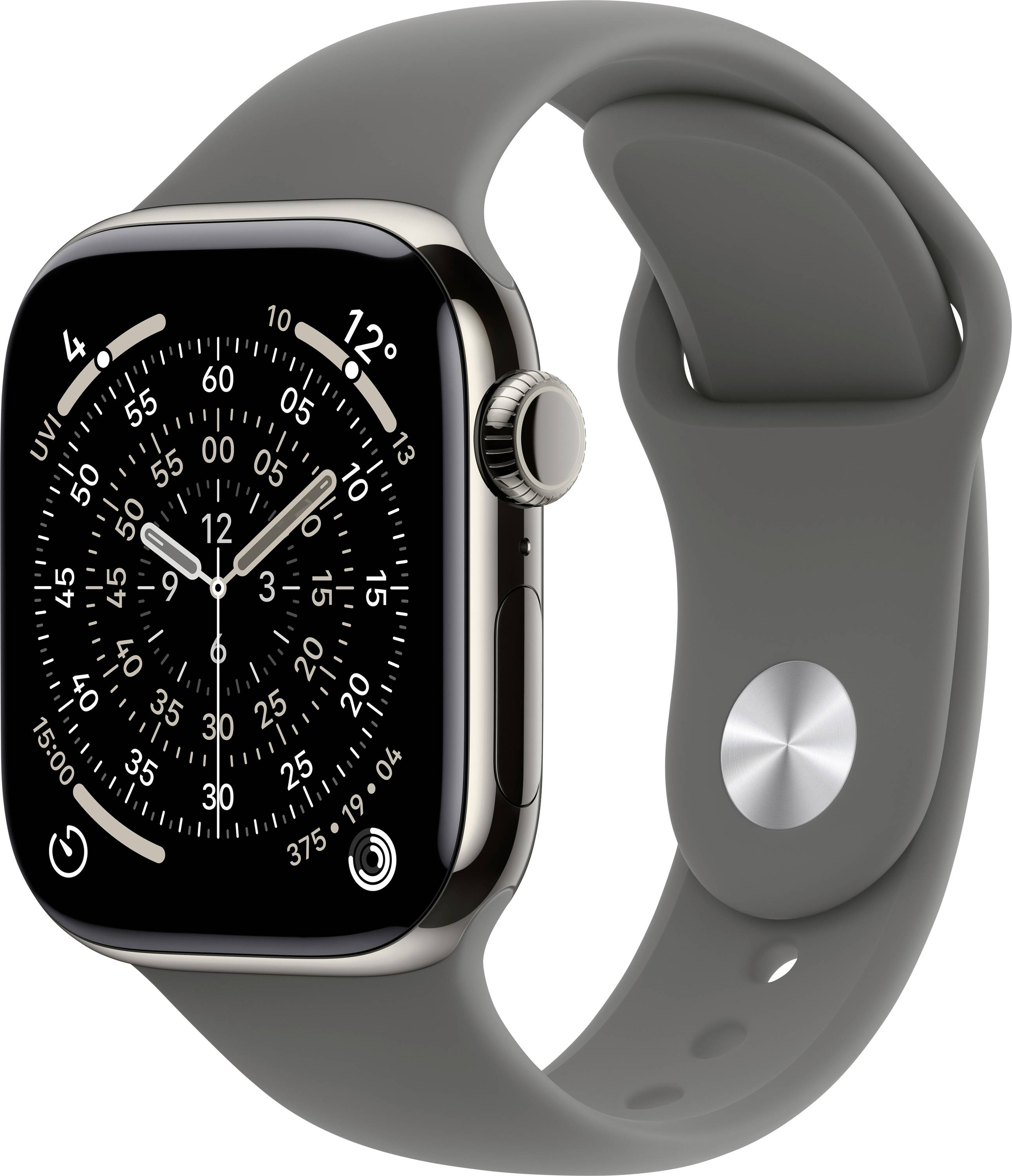 Smartwatch with a sleek gray strap displaying an analog watch face with numbers and dials.