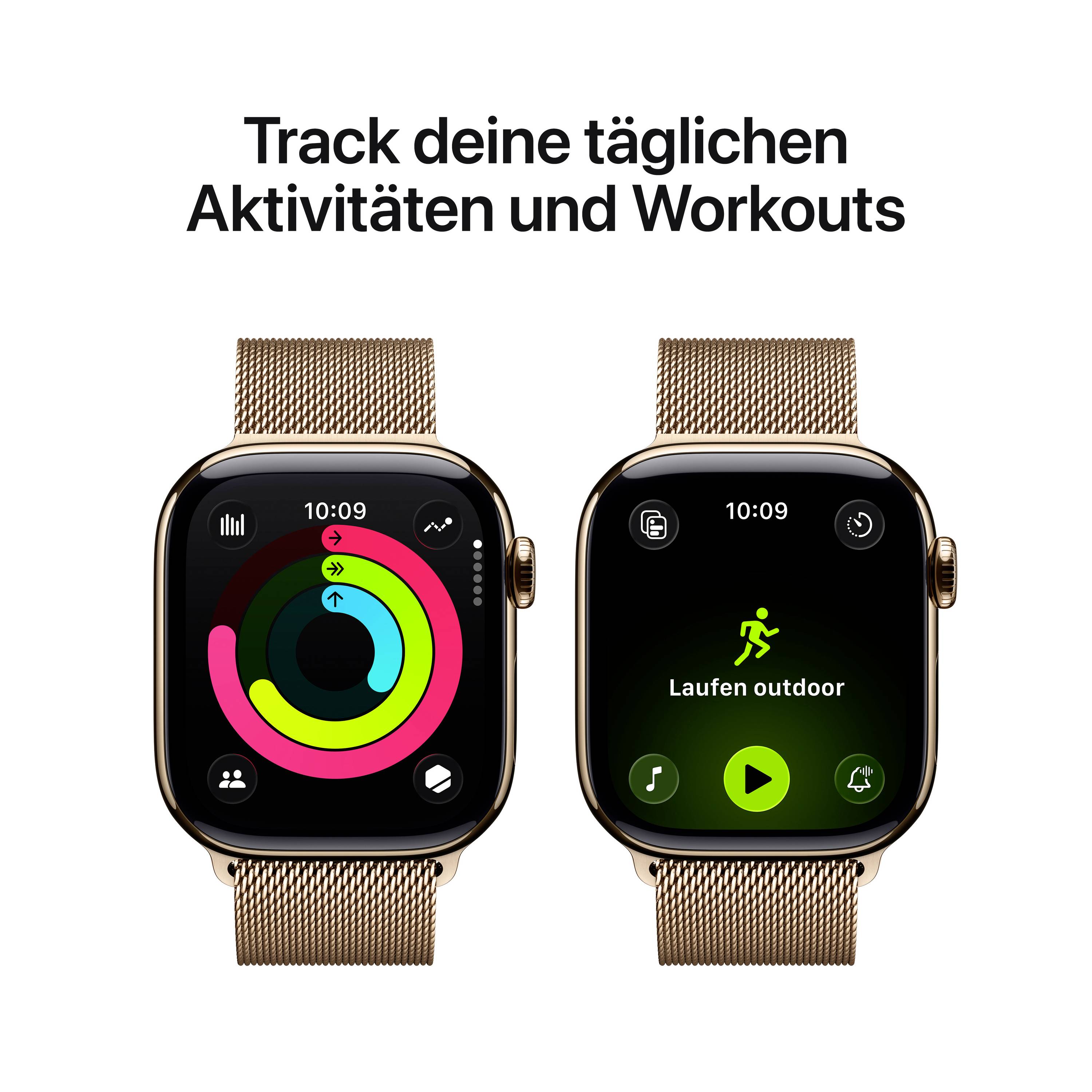 Two smartwatches display fitness apps: on the left, colourful rings showing activity progress, on the right an app icon and text reading 'Outdoor running'.