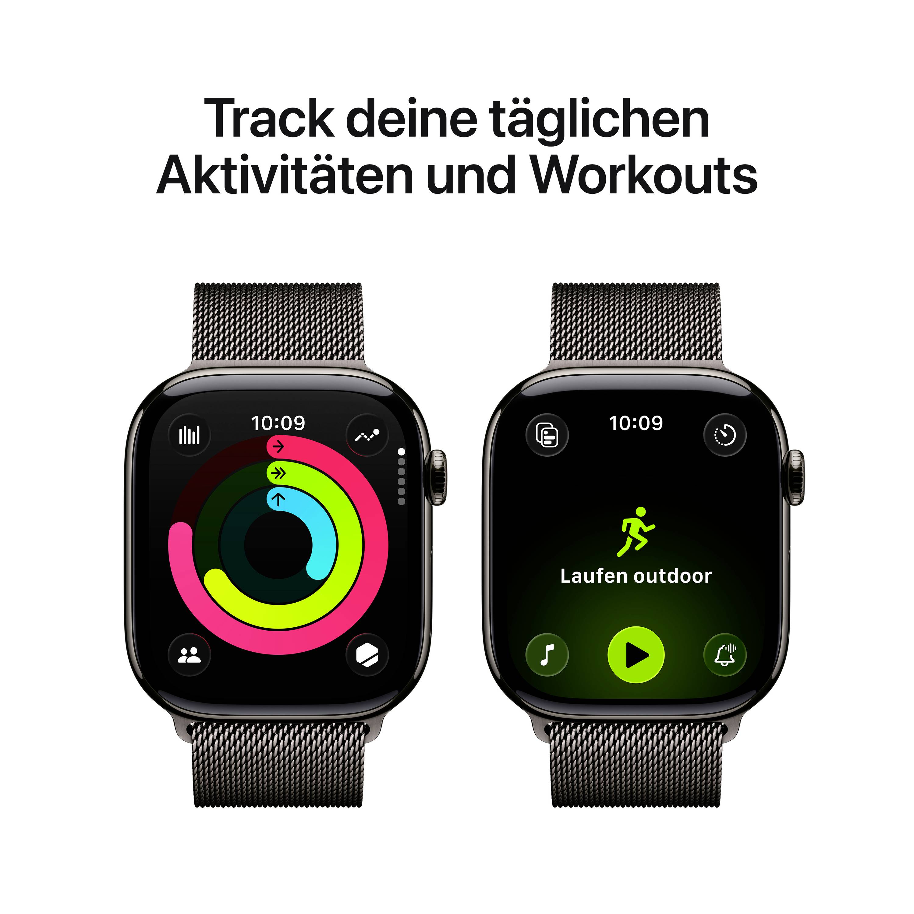 Two smartwatch screens: Left with activity rings, right with 'Outdoor Running' app, accompanied by text 'Track your daily activities and workouts'.