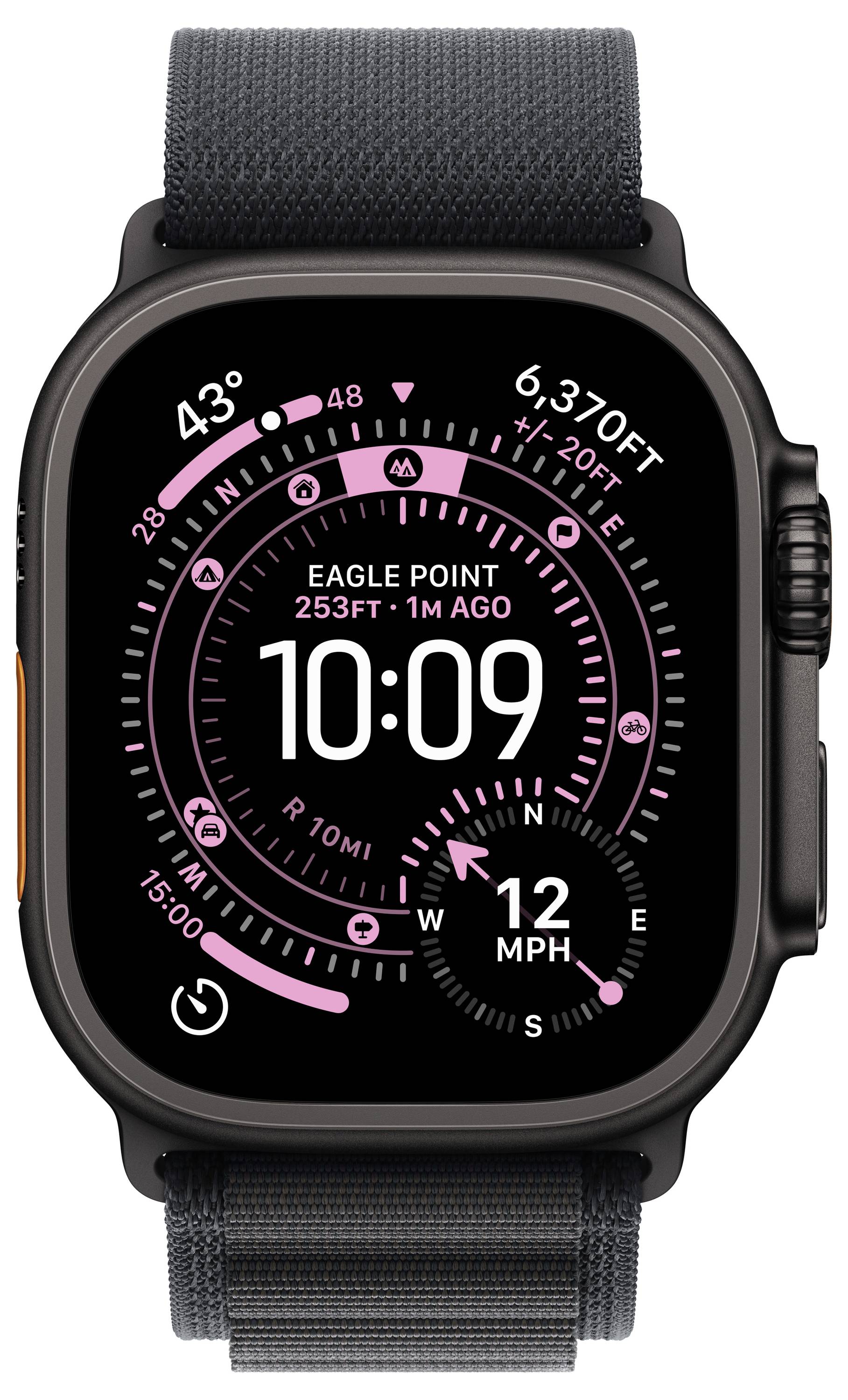 A smartwatch displaying the time '10:09', heart rate indicator, altimeter '253FT', and speed '12 MPH'. The interface features pink, circular dials.
