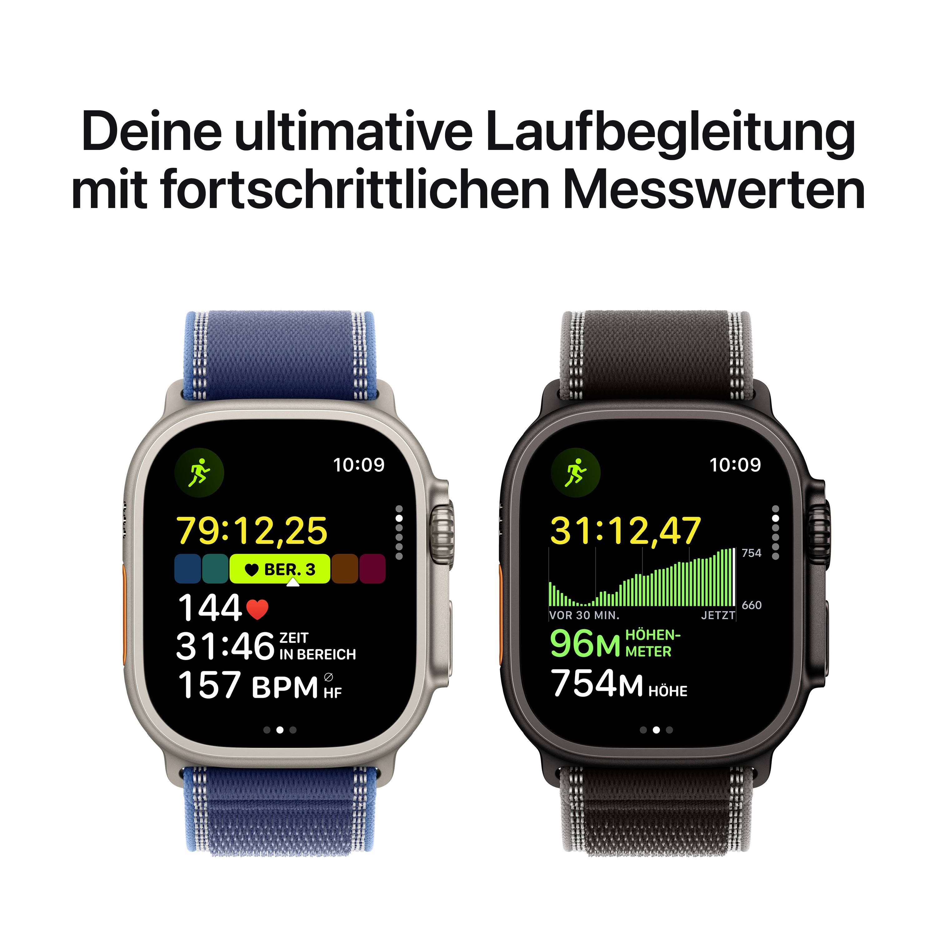 Two smartwatches with blue and black straps. Displays: Heart rate reading, time measurement and steps. Text at the top: 'Your ultimate running companion with advanced metrics.'