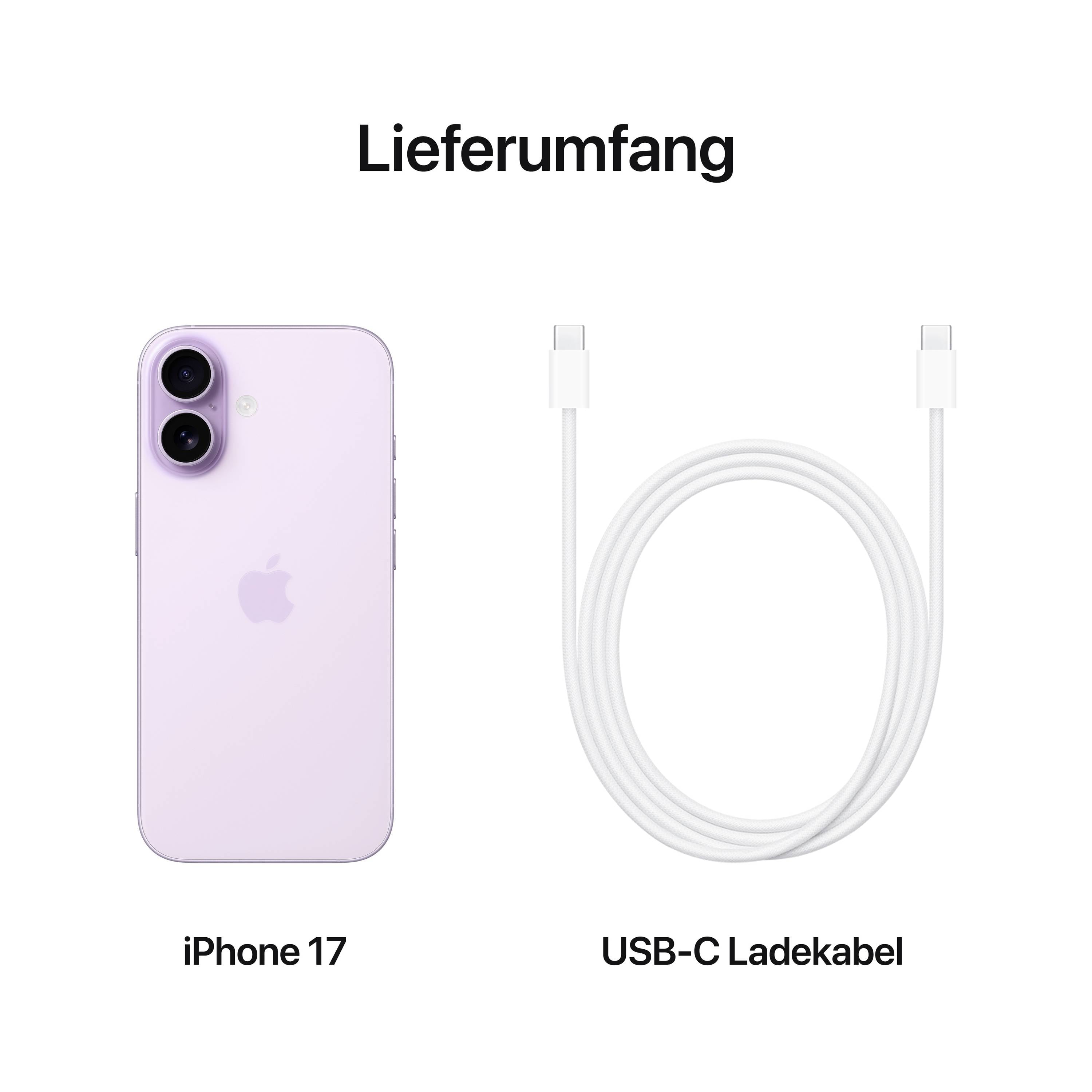 The image shows the contents of an iPhone 17 in lavender and a white USB-C charging cable. At the top it says 'Contents'.