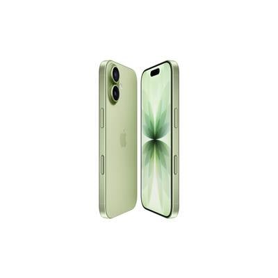 A green smartphone displays a leaf pattern on its screen, shown from both back and front angles, highlighting its design and color.