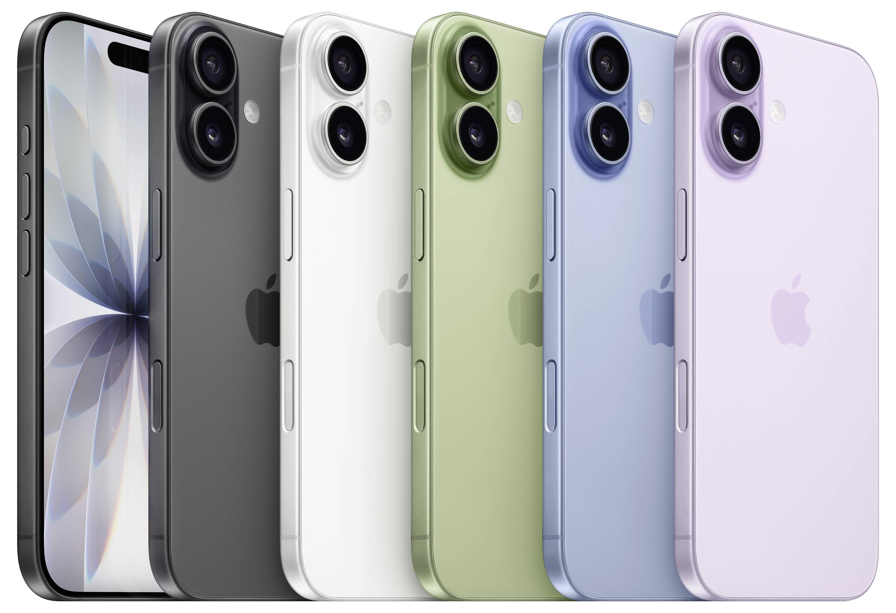 Five smartphones in different colors (black, white, green, blue, and purple) are displayed in a row, showcasing their rear designs.
