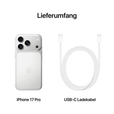 'Contents: iPhone 17 Pro and USB-C charging cable' depicted. Primary focus on the device and included accessories.