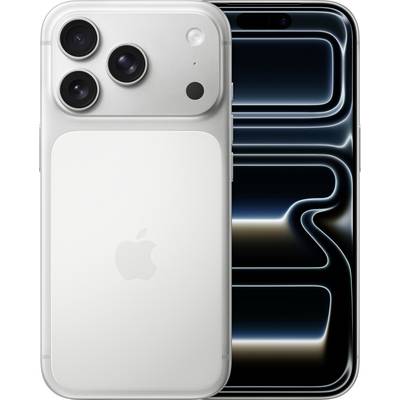 Front and back view of a white smartphone with three rear cameras and a screen displaying abstract blue and black patterns.