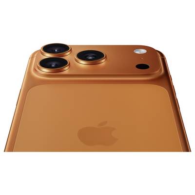 A bronze-colored smartphone's rear with a prominent triple-lens camera setup and an Apple logo.