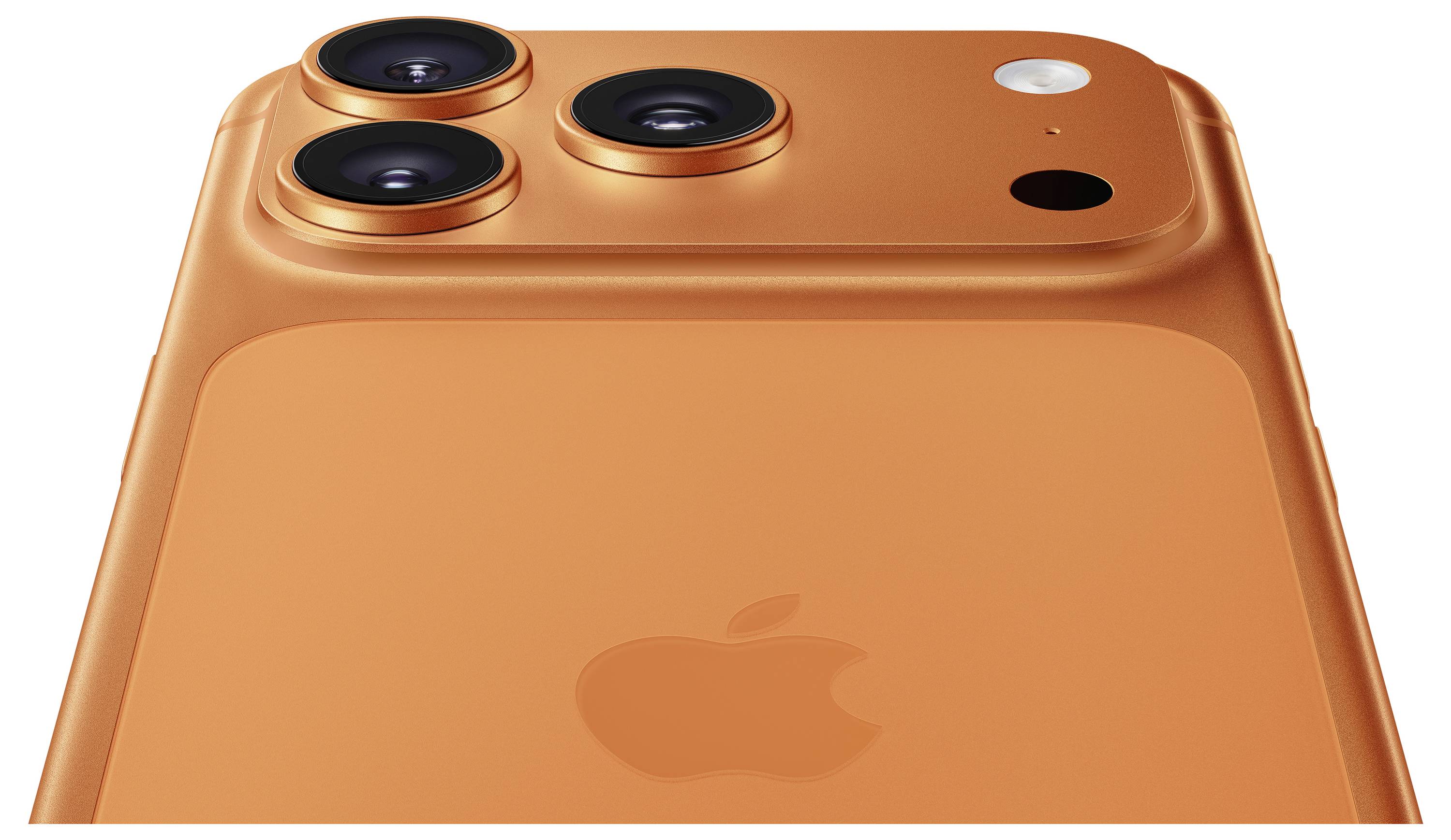 The image shows the back of an orange smartphone with three camera lenses and a logo at the center. The phone has a sleek, minimalist design.