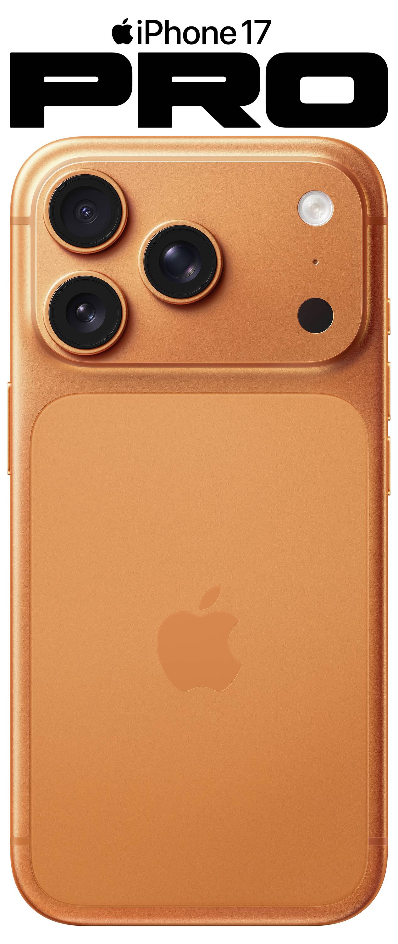 'iPhone 17 Pro' text above an orange iPhone with three cameras and an Apple logo on the back.