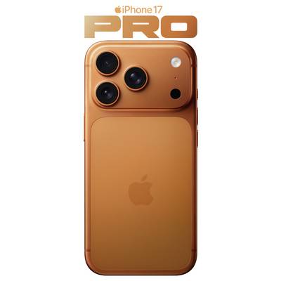 Orange iPhone 17 Pro back view with three cameras, large lens, and Apple logo; text above reads 'iPhone 17 Pro'.