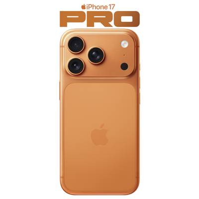 Orange iPhone 17 Pro showcasing three rear cameras and a logo, with 'iPhone 17 Pro' text above.
