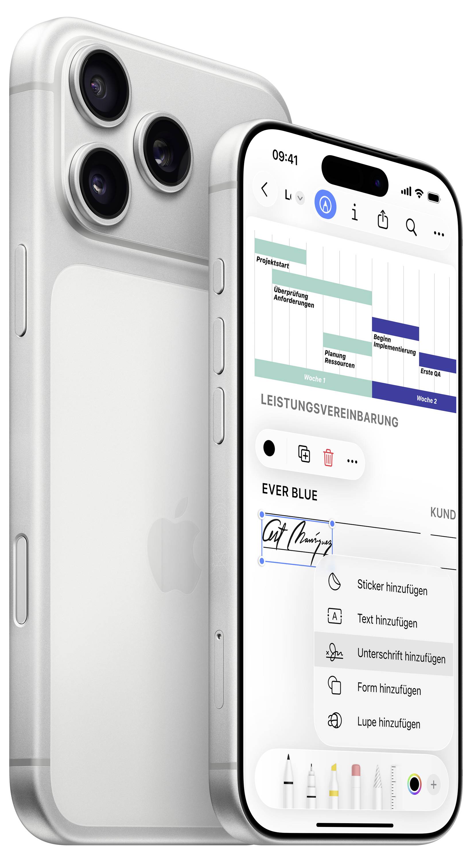 A smartphone with a triple camera system is shown displaying a document editing app with features like stickers, text, and form insertion.