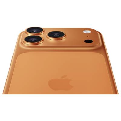 Bright orange smartphone with three camera lenses and a flash in a square module; the back features an embossed logo.