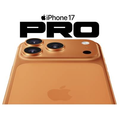 'Apple iPhone 17 Pro' text above a close-up of the phone's orange back, highlighting three camera lenses and the Apple logo.