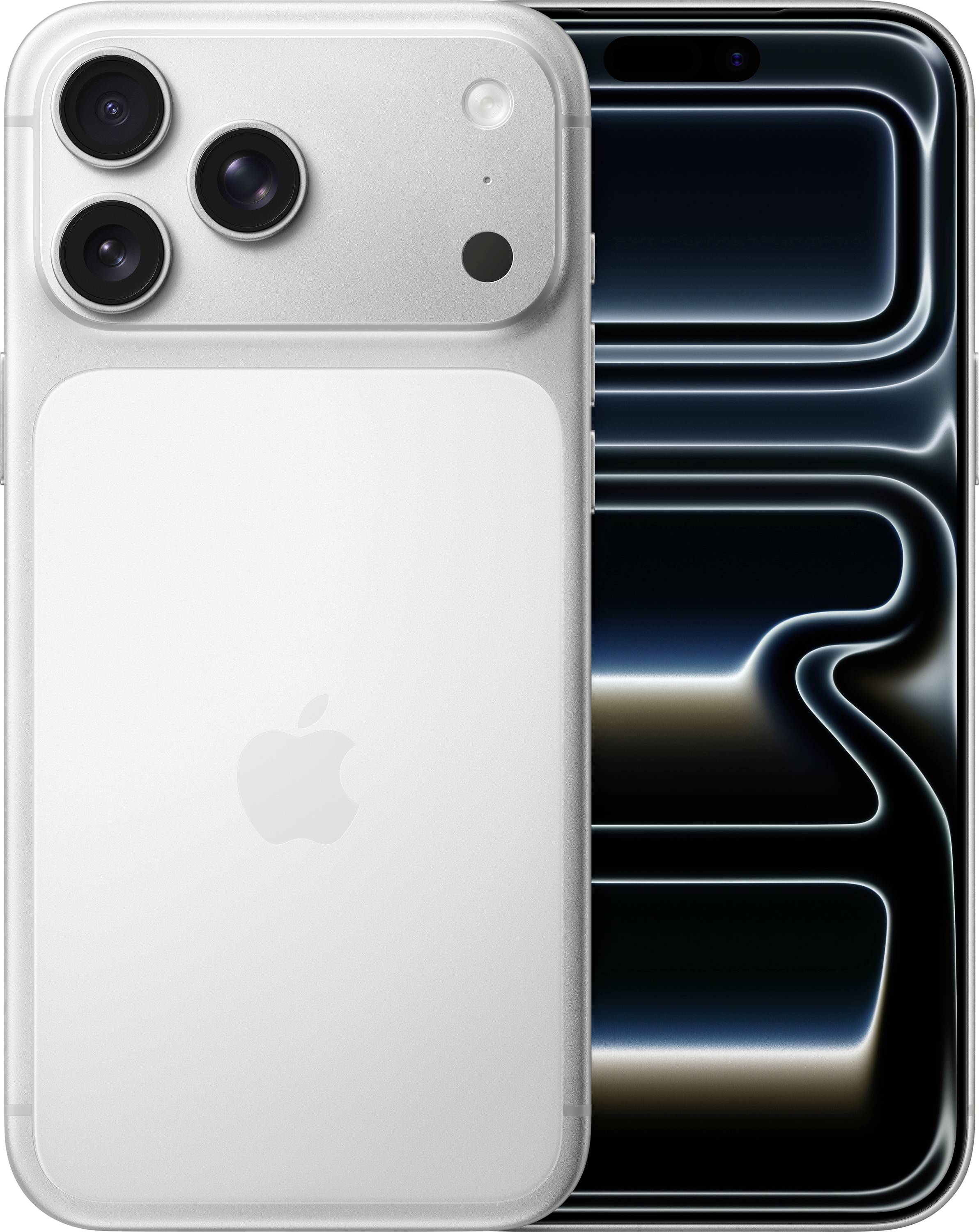 A silver smartphone with three rear cameras and a sleek design is displayed, showcasing a glowing abstract pattern on its screen.