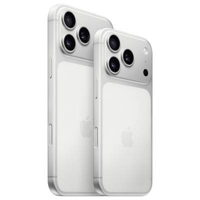 Two silver smartphones with triple cameras on the back, showcasing the Apple logo. The phones differ in size, highlighting two model variants.