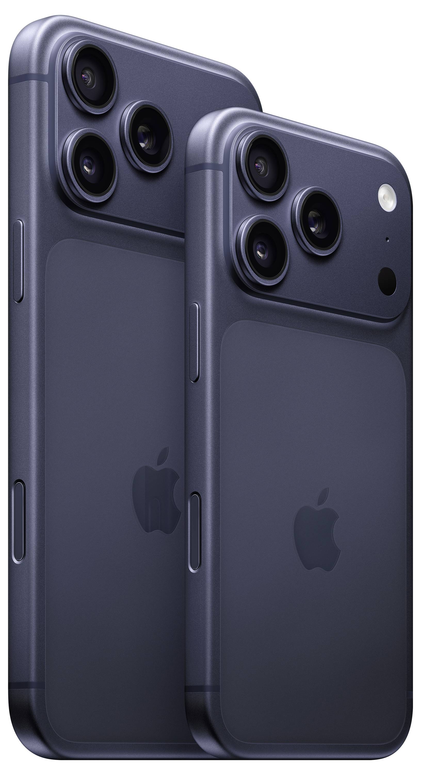 Two dark-colored smartphones, differing in size, stand side by side, each featuring multiple rear cameras on the top-left corner.