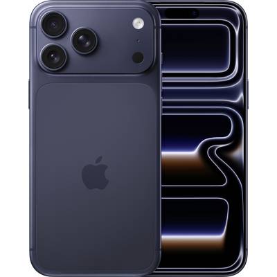 A navy blue smartphone with a triple-lens rear camera and an abstract dark-themed wallpaper displayed on the screen.