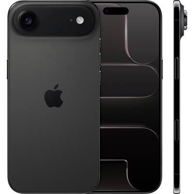 A black smartphone displaying the Apple logo, shown from various angles: front, back, and side view, highlighting its sleek design.