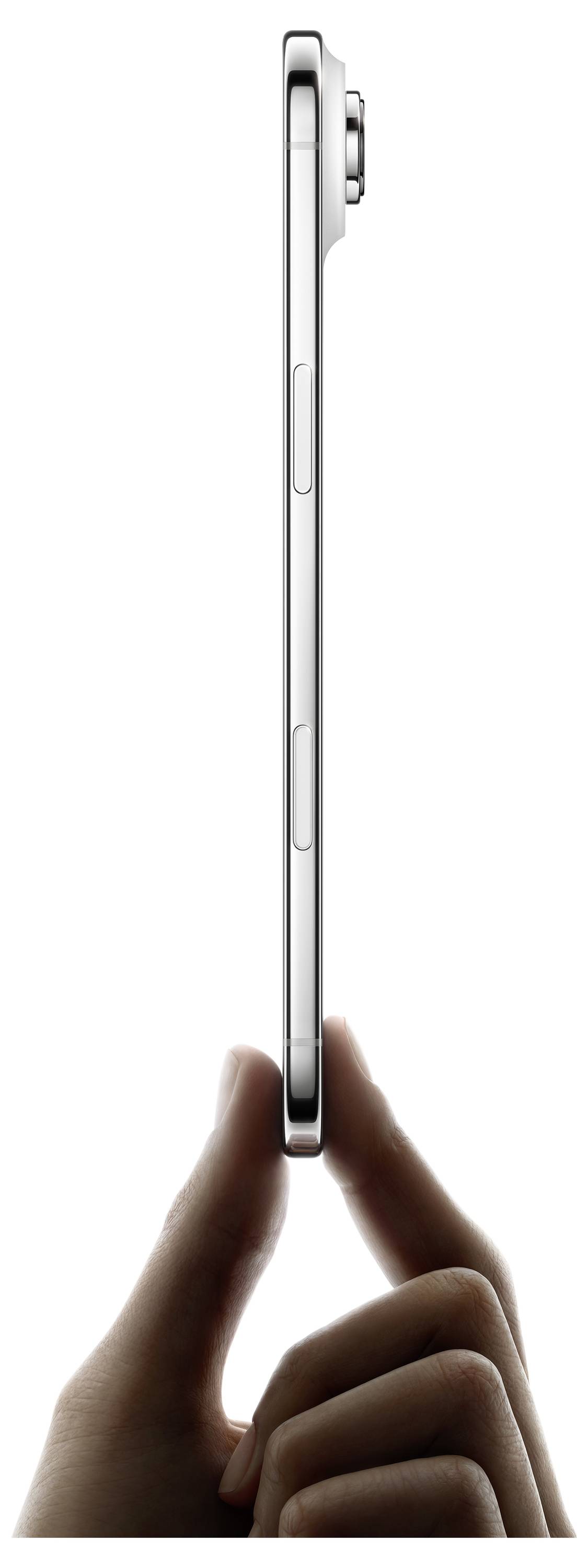 'Side view of a thin smartphone held between fingers, showing its compact design and protruding camera lens.'