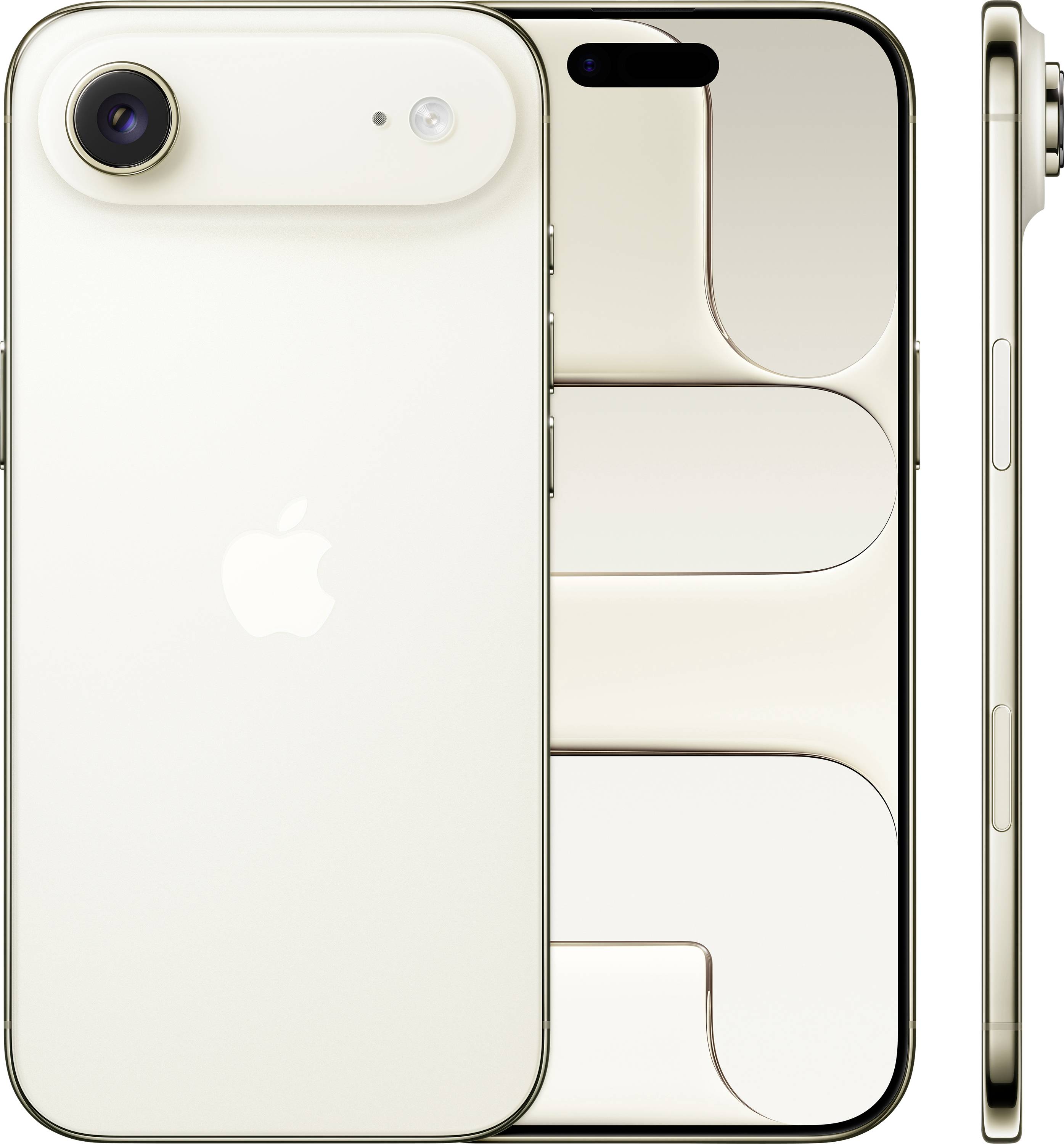 'Three views of a light-colored smartphone: back with a camera, front with a patterned screen, and a slim side profile.'