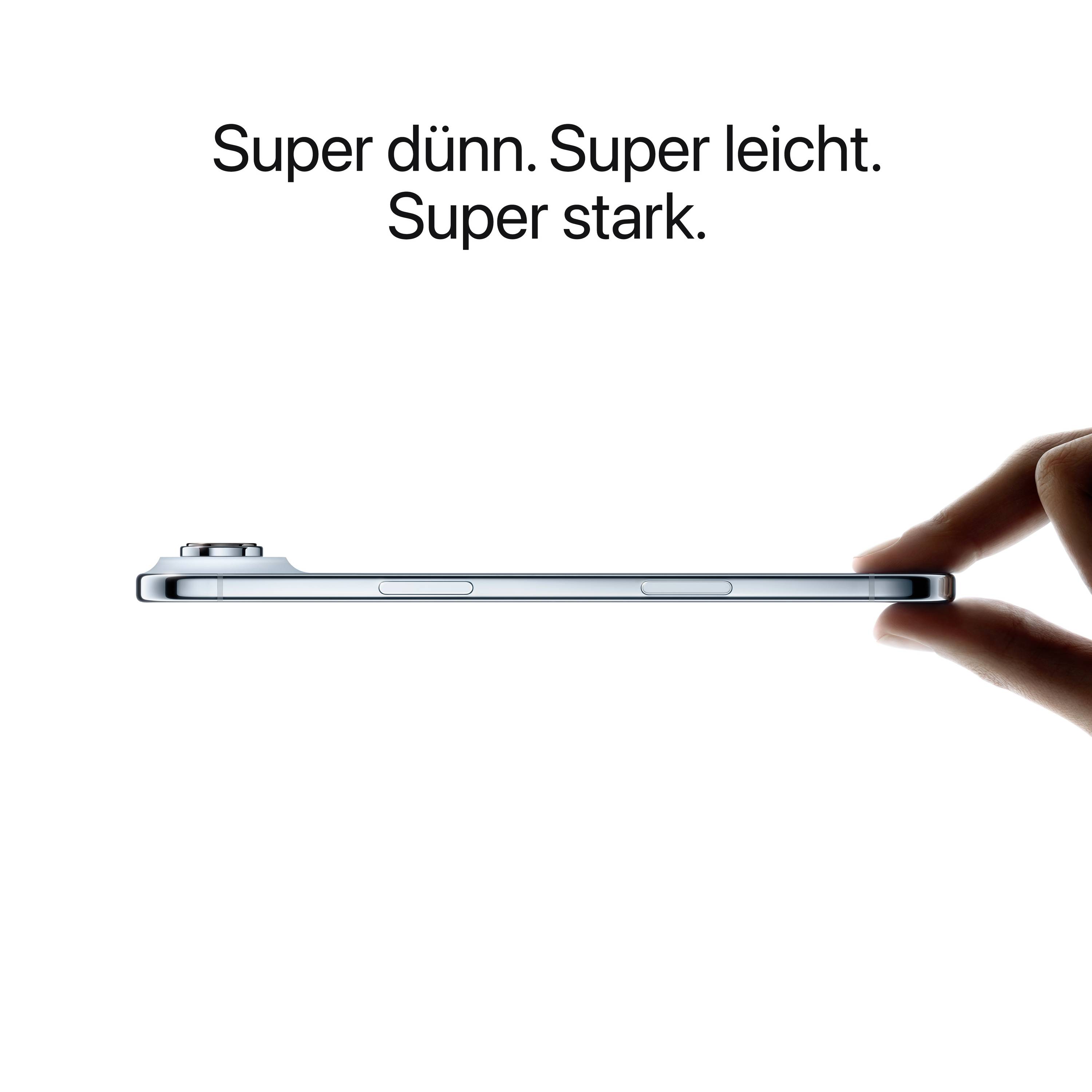 The image shows a hand holding an ultra-thin, lightweight device from the side. The text above reads: 'Super slim. Super light. Super strong.'