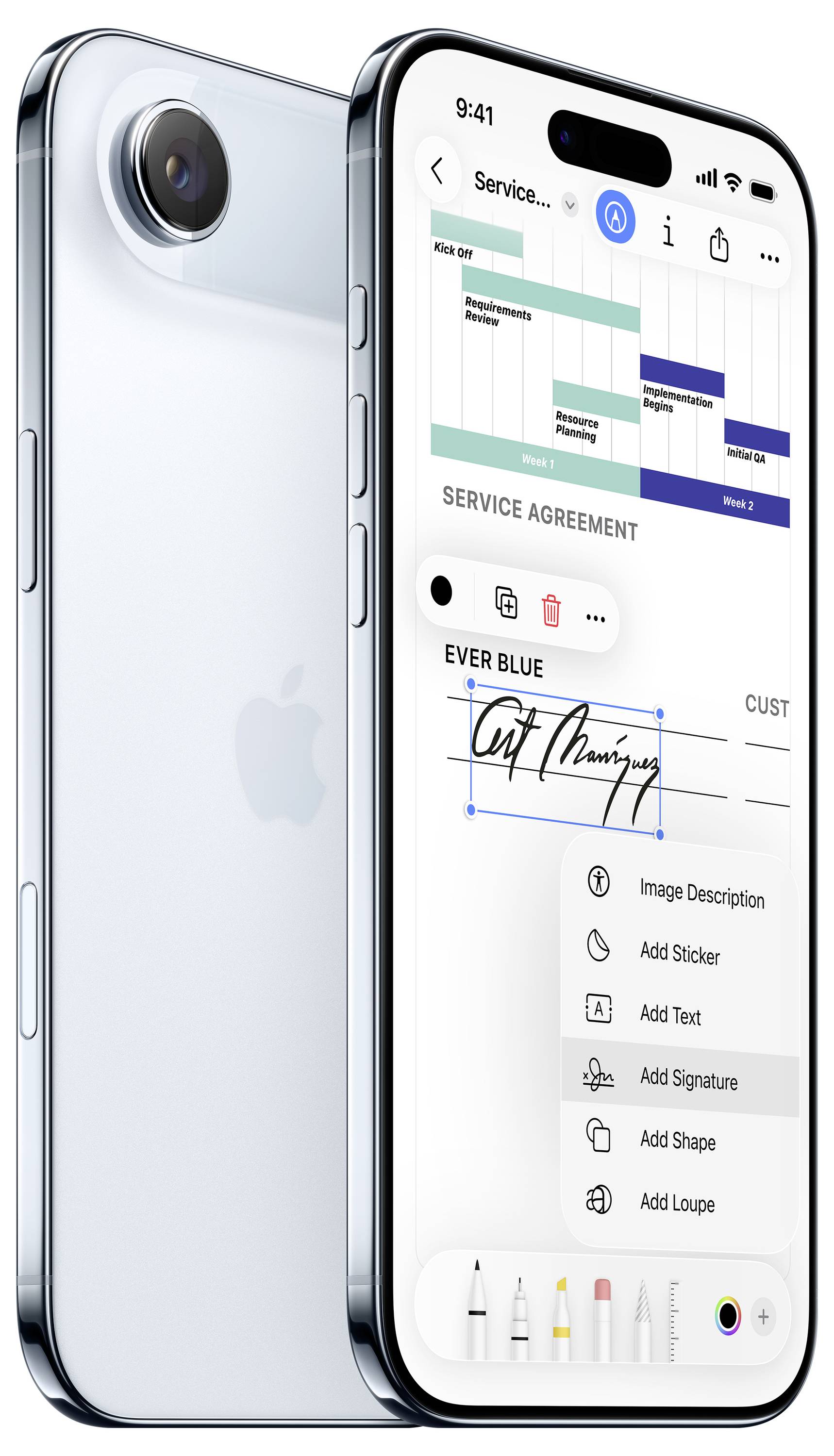 A smartphone displaying an app screen where a 'SERVICE AGREEMENT' document is being edited with options to add text and a signature.