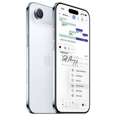 A smartphone displaying an app screen where a 'SERVICE AGREEMENT' document is being edited with options to add text and a signature.
