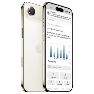A smartphone shown with an email app interface open, displaying a business email about expense visibility. The phone is tilted to show its side and front.