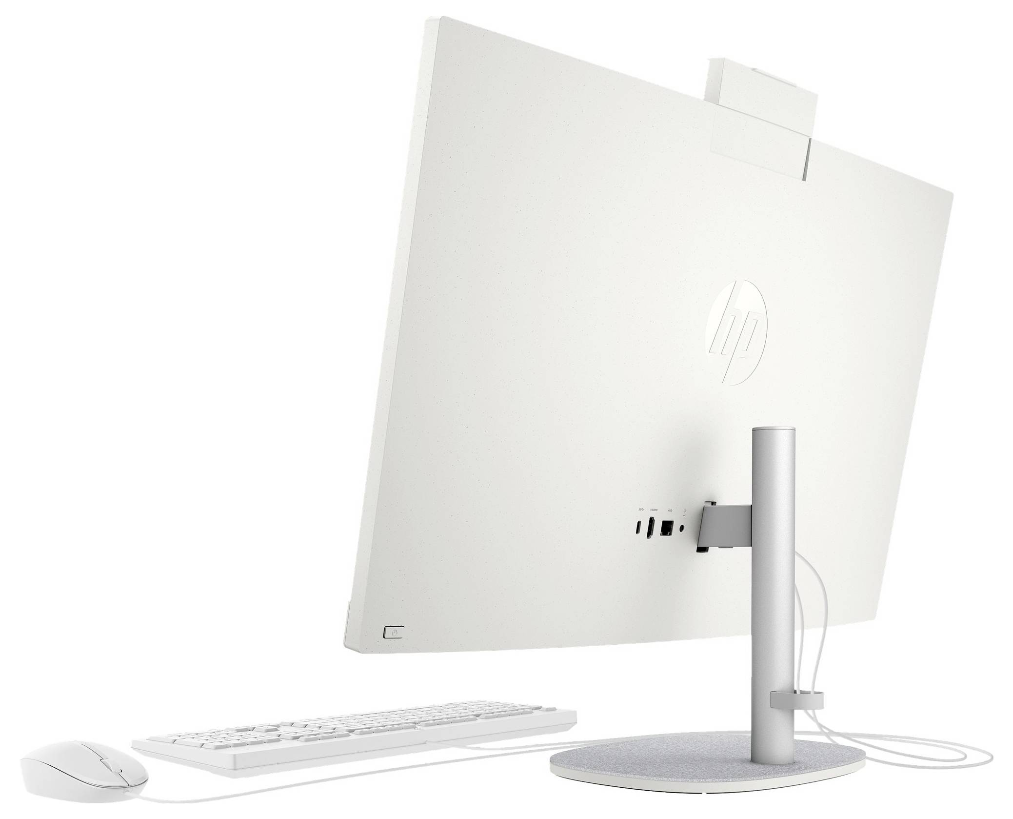 A white computer setup with an all-in-one desktop viewed from behind, showing ports. Includes a matching keyboard and mouse on the side.