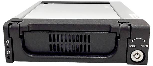A black hard drive enclosure with a front panel featuring ventilation slots, a lock mechanism on the right, and status indicator icons on the left.