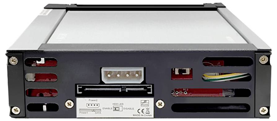 A hard drive docking bay showing connection ports and cables, used for interfacing with a computer to read or write data to hard drives.